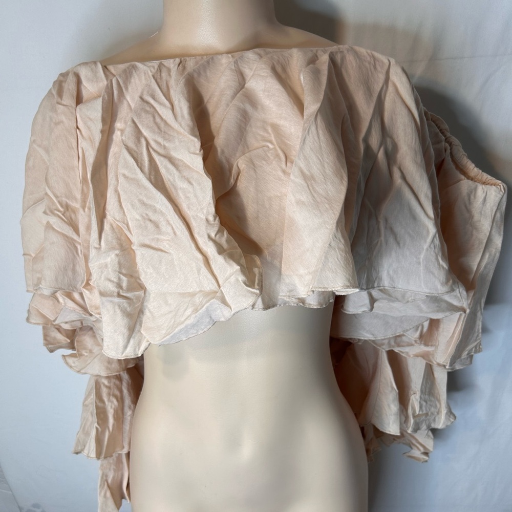 PrettyLittleThing Cream Woven Bardot Tiered Sleeve Crop Top Long Sleeve size 12